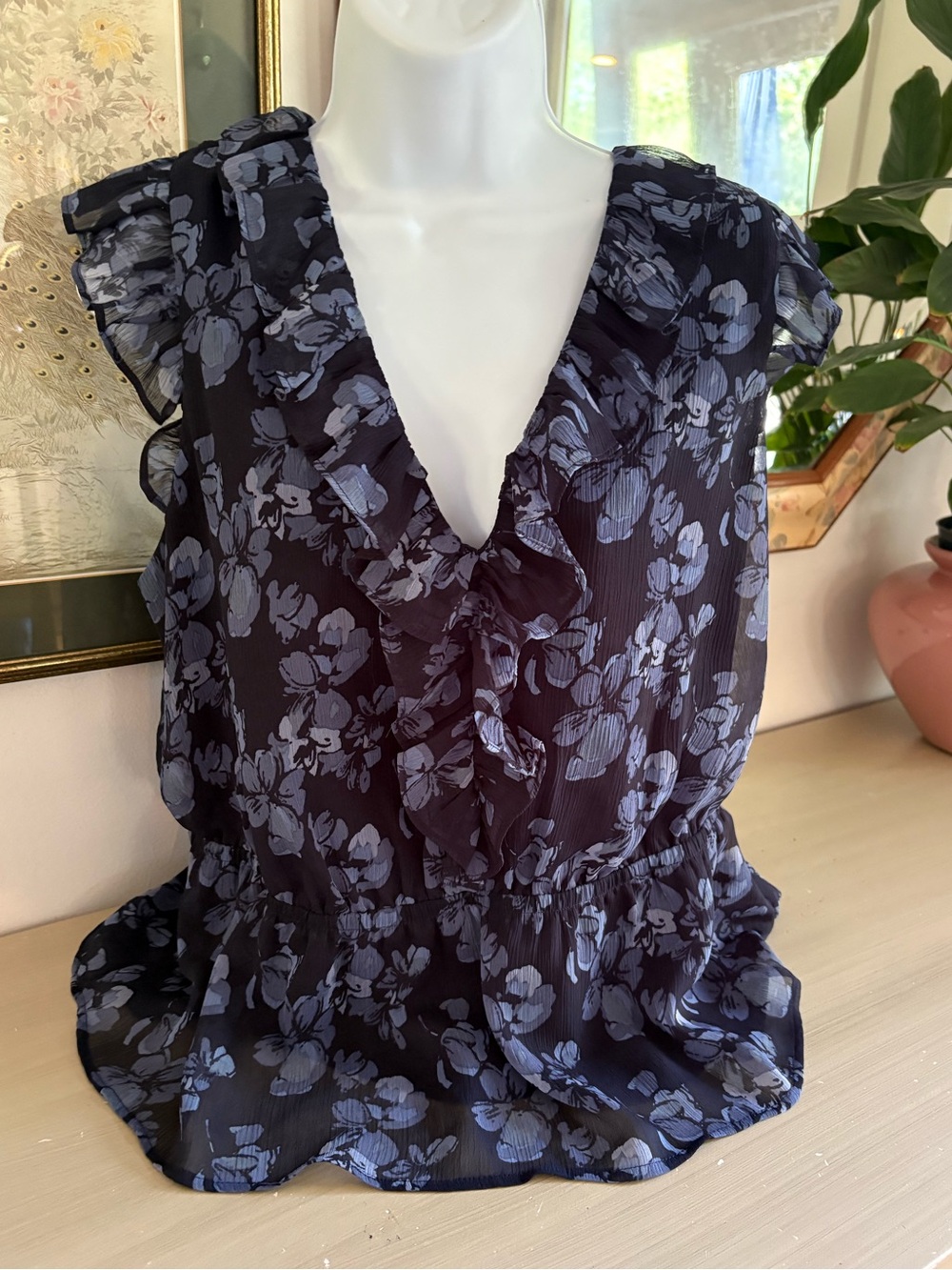 Banana Republic Navy Floral Flutter Peplum Top,